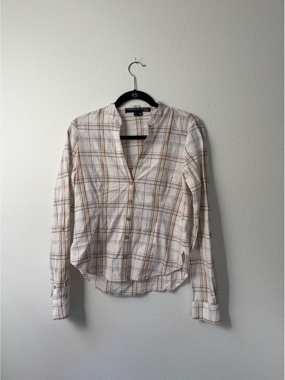 Veronica Beard Jeans Porta Plaid Button Down Blouse Shirt Cream Tan Small